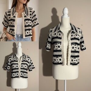 Black & Cream Crochet Knit Cardigan | Floral Collared Cropped Top | Medium NWT